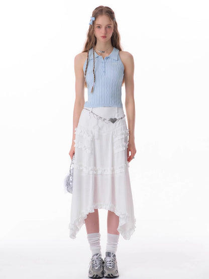 High waist slim lace white skirt