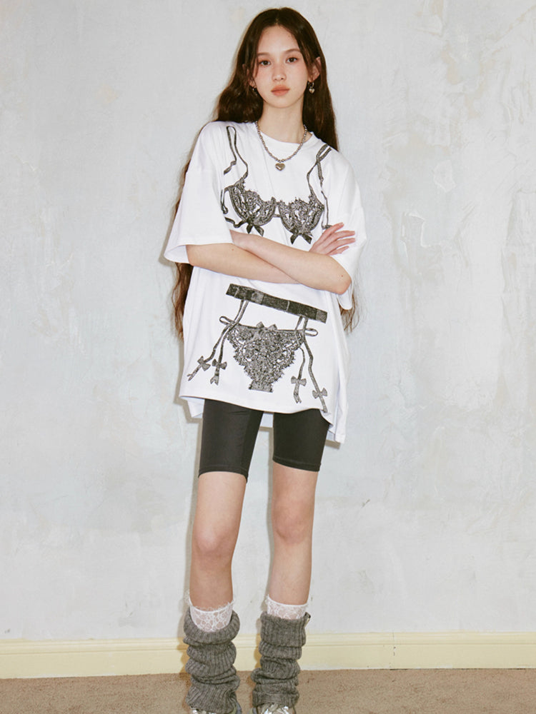 Printed round neck loose T-shirt