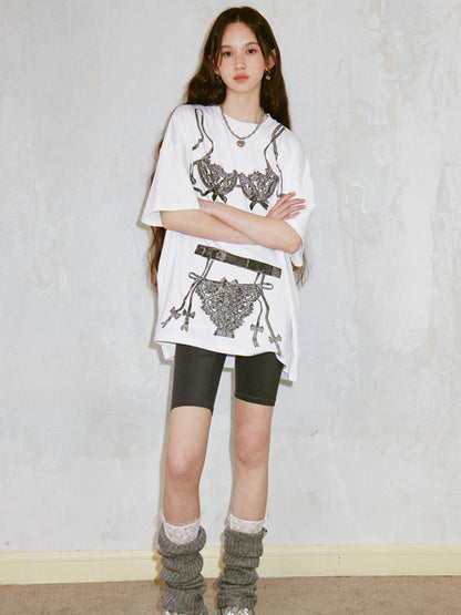 Printed round neck loose T-shirt