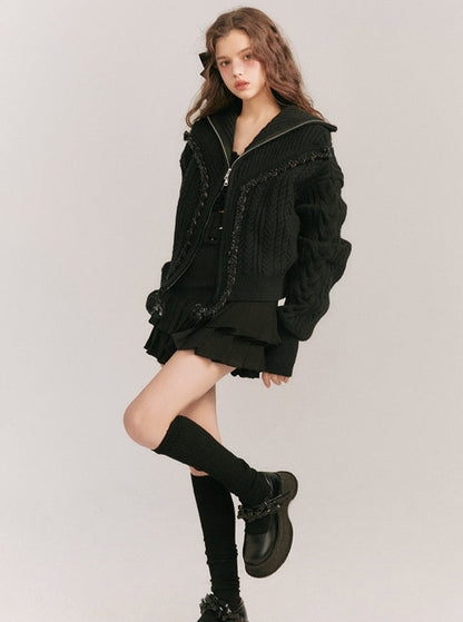 Knitted Lapel Zipper Cardigan Coat