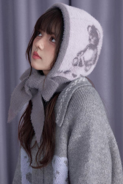 Warm Gray Purple Bear Scarf Hat