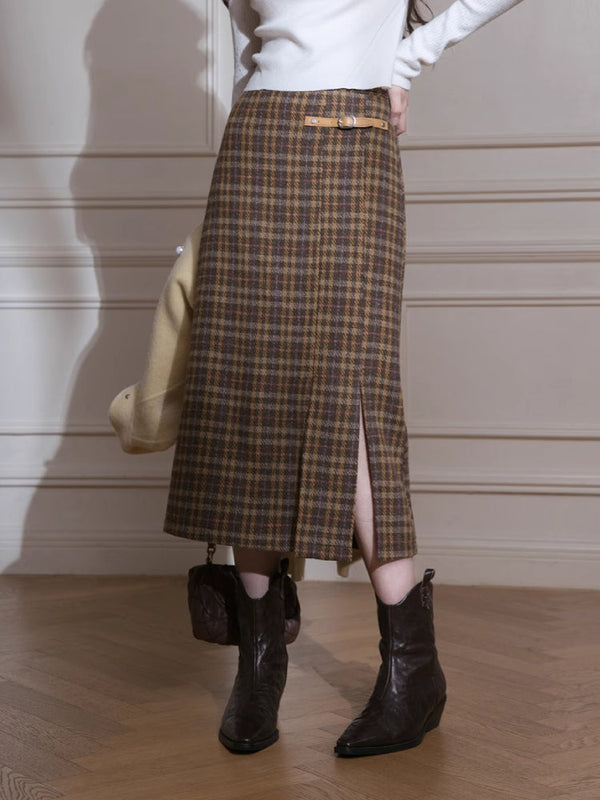 Purple smoke plaid slit skirt