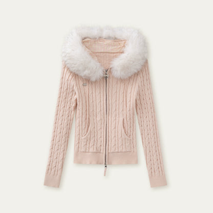 Fur Collar Detachable Knit Jacket