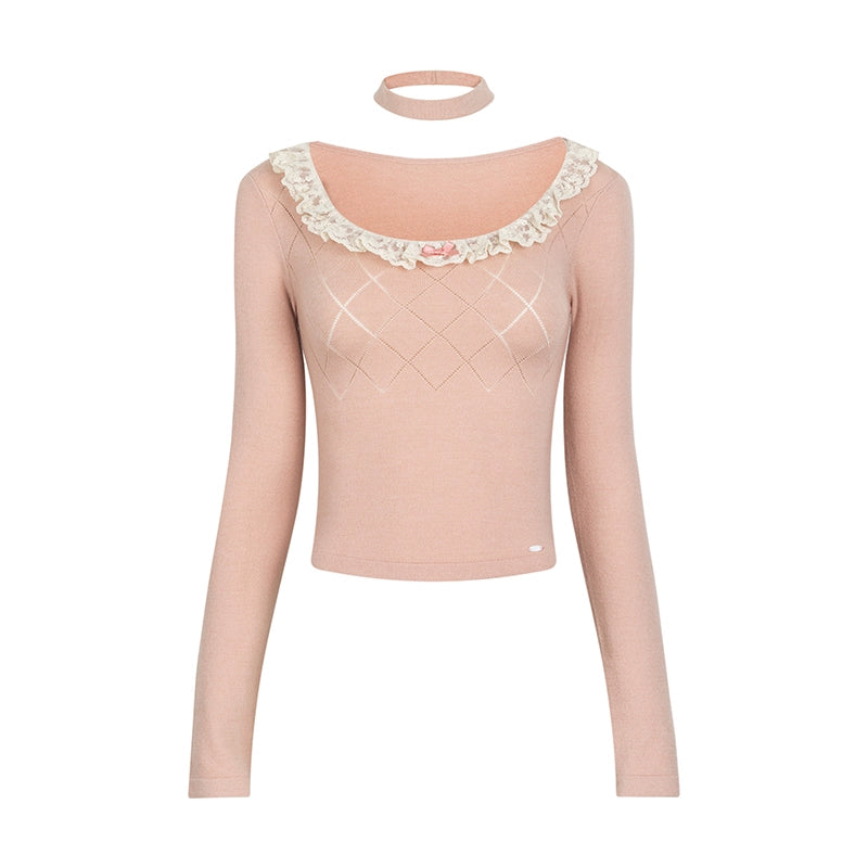 Girly Sweet Cool Lace Collar Knitted Top