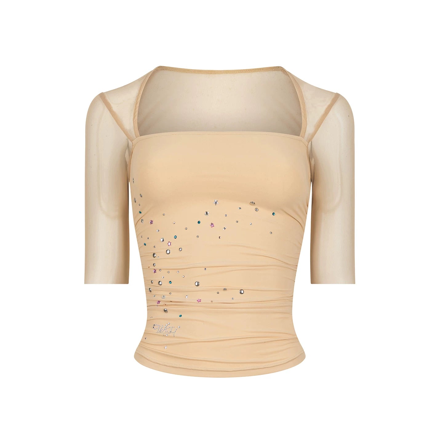 Mesh Splicing Rhinestone Top