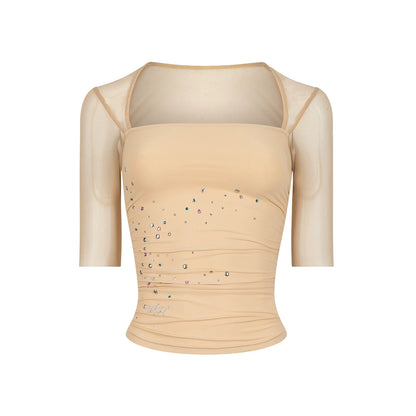 Mesh Splicing Rhinestone Top