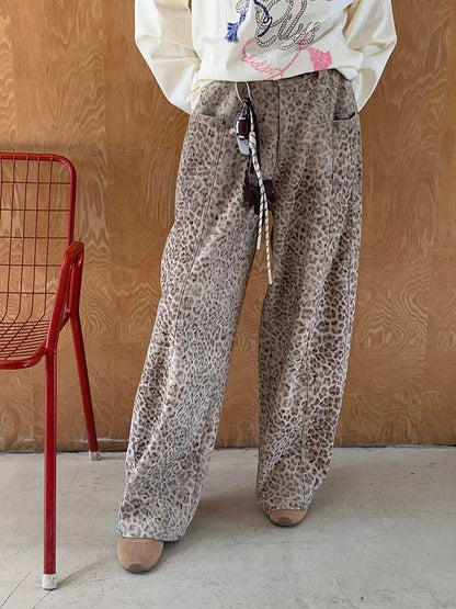 Leopard print straight wide leg pants