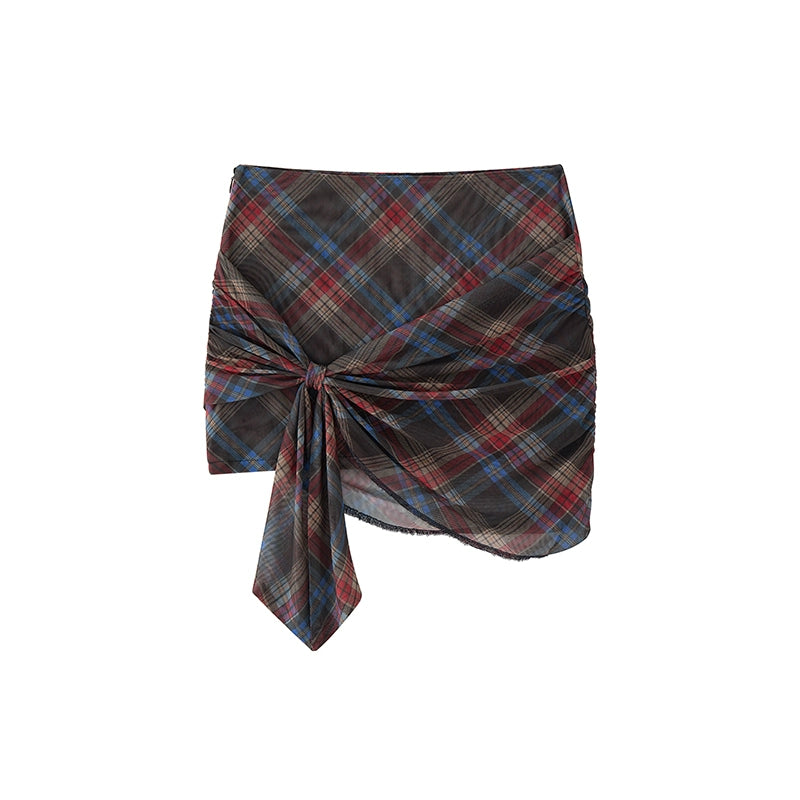 Retro Plaid Mesh Shoulder Wrap Skirt Set-Up
