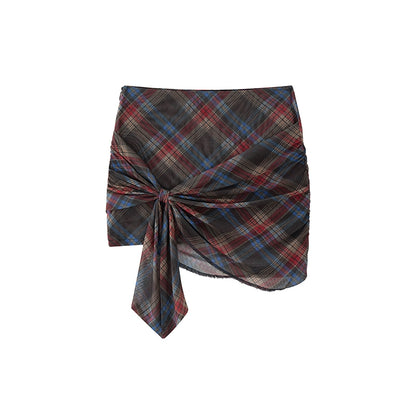 Retro Plaid Mesh Shoulder Wrap Skirt Set-Up