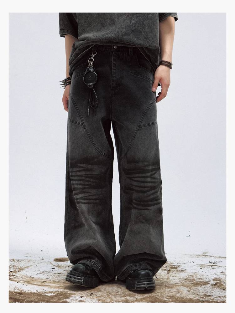 Washed distressed straight jeans