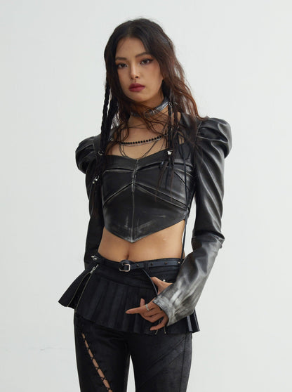 Chain embellished rubbed faux-leather short tops