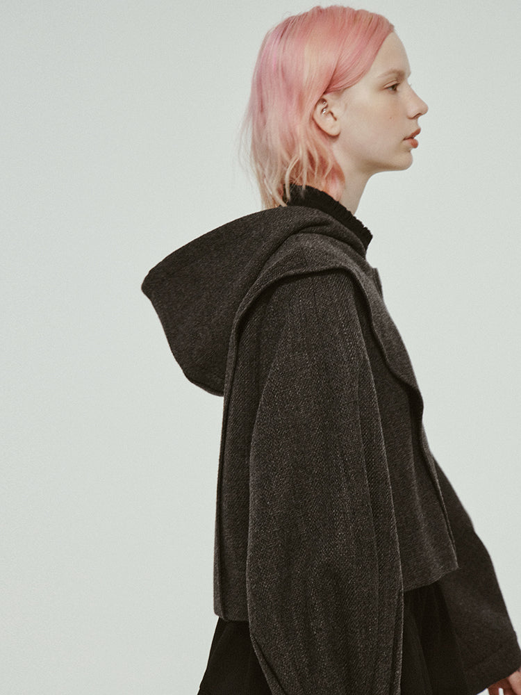 Hooded Cropped Pleated Balloon Sleeve Jacket