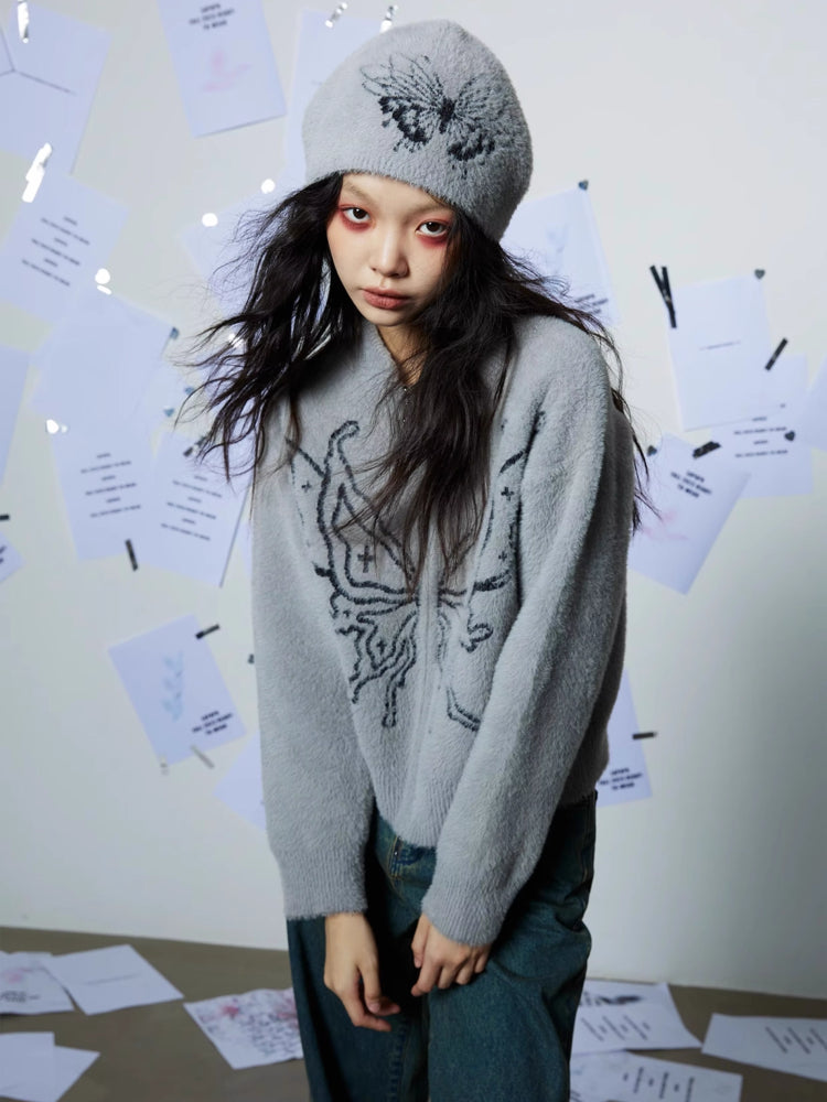 Round neck butterfly sweater + hat