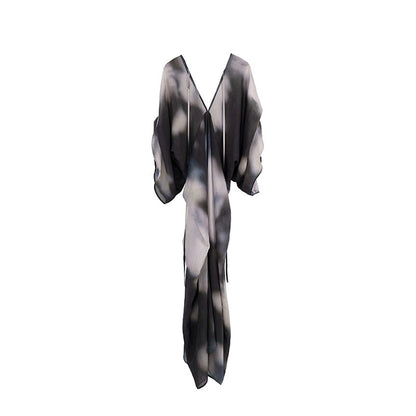 Chinese Ink Blended V-Neck Bat Sleeve Long Dress
