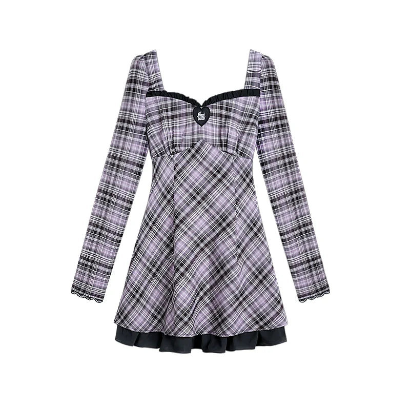 Plaid A-Line Bubble Long-sleeved Lace Dress