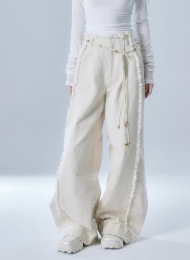 Vintage distressed raw-edged wide-leg pants