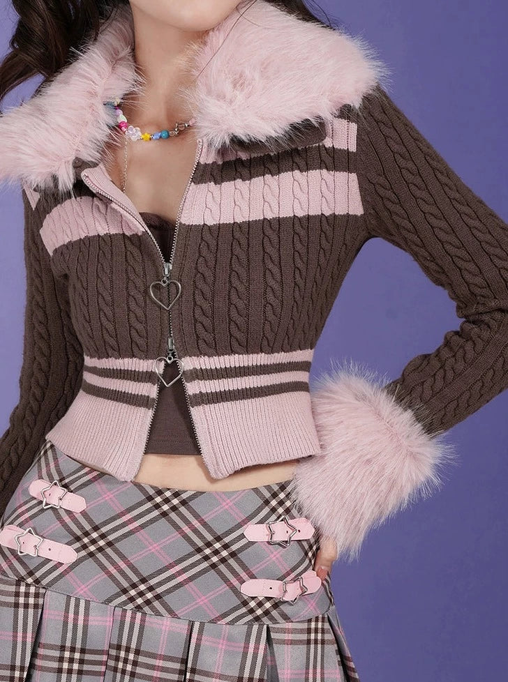 Double Zip Knit Sweater Detachable Fur Tops