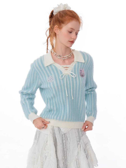 Striped polo collar sweater