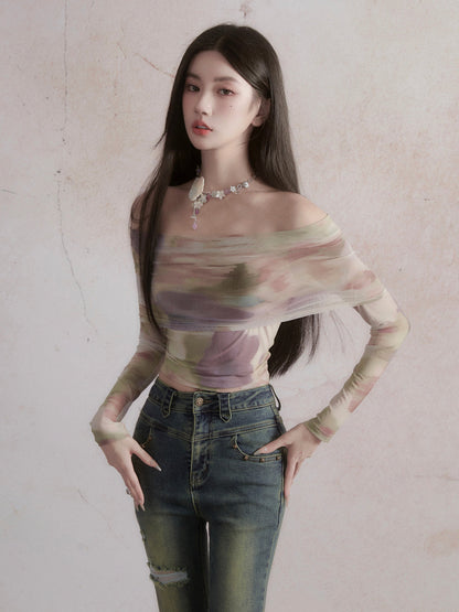 Marbled Color Sheer Off-the-shoulder Top