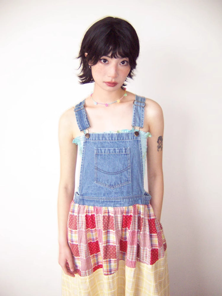 Denim patchwork suspender dress