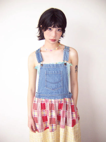 Denim patchwork suspender dress