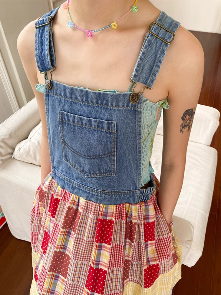 Denim patchwork suspender dress