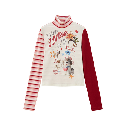 High-Neck Asymmetrical Print T-Shirt