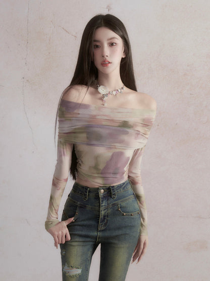 Marbled Color Sheer Off-the-shoulder Top