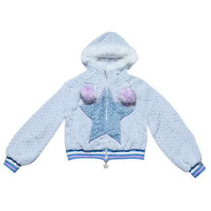 Cotton Blend Hooded Star Plush Jacket