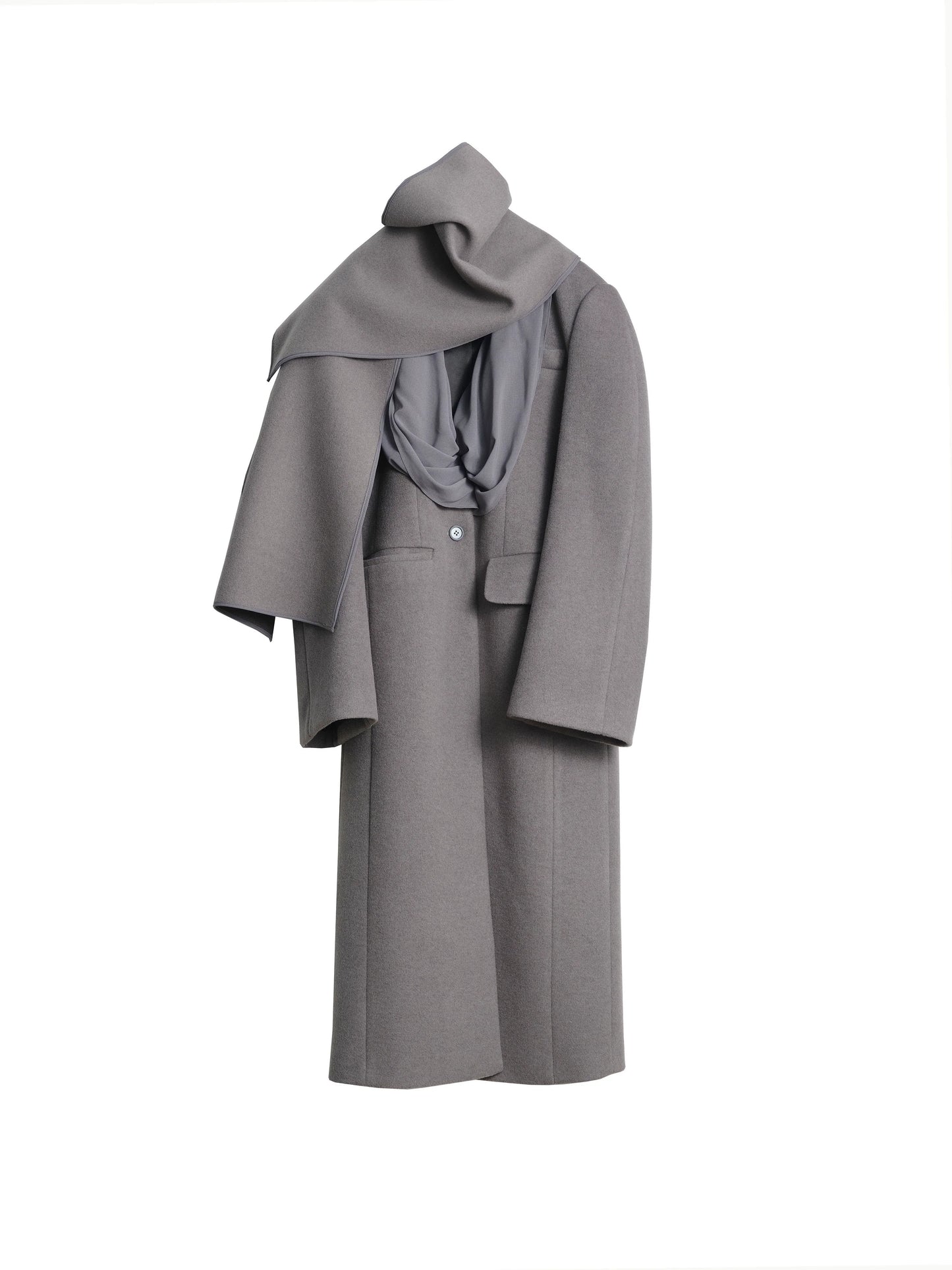 Ultra-low neckline spliced scarf woolen coat