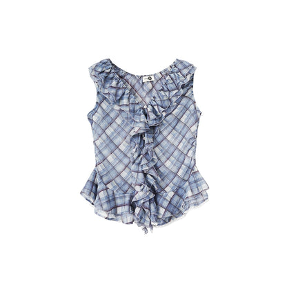 Plaid Ruffle V-Neck Top