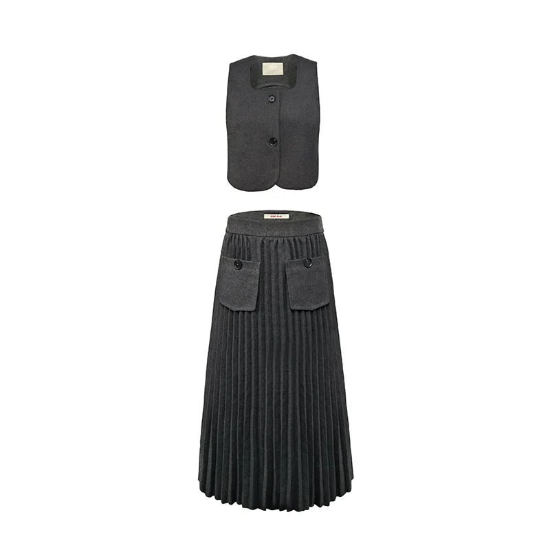 Vest Raw Pleated Long Skirt Set