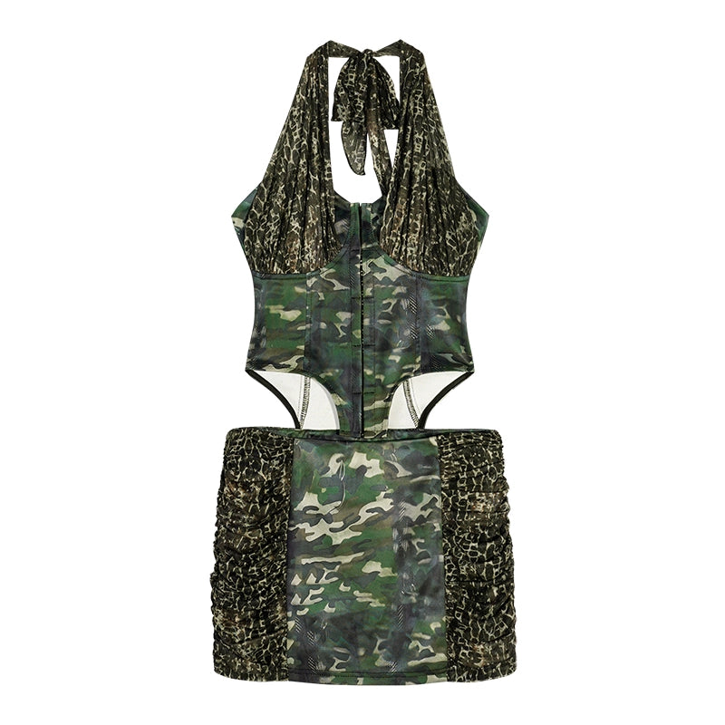 Camouflage Backless Halterneck Dress