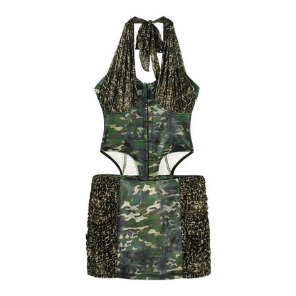 Camouflage Backless Halterneck Dress