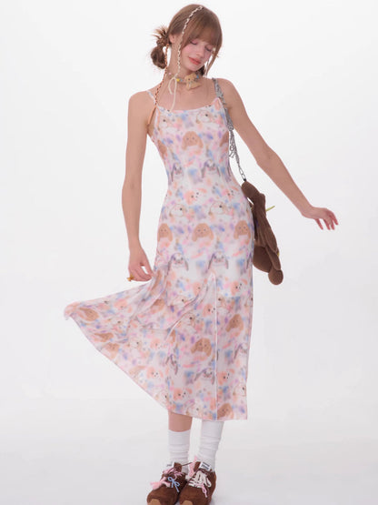 Printed sleeveless suspender dress