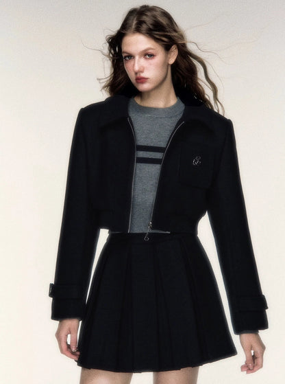 Woolen Short Jacket Pleated Skirt Set