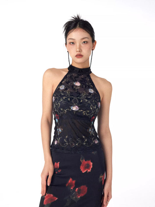 Chinese style halter neck sleeveless tops