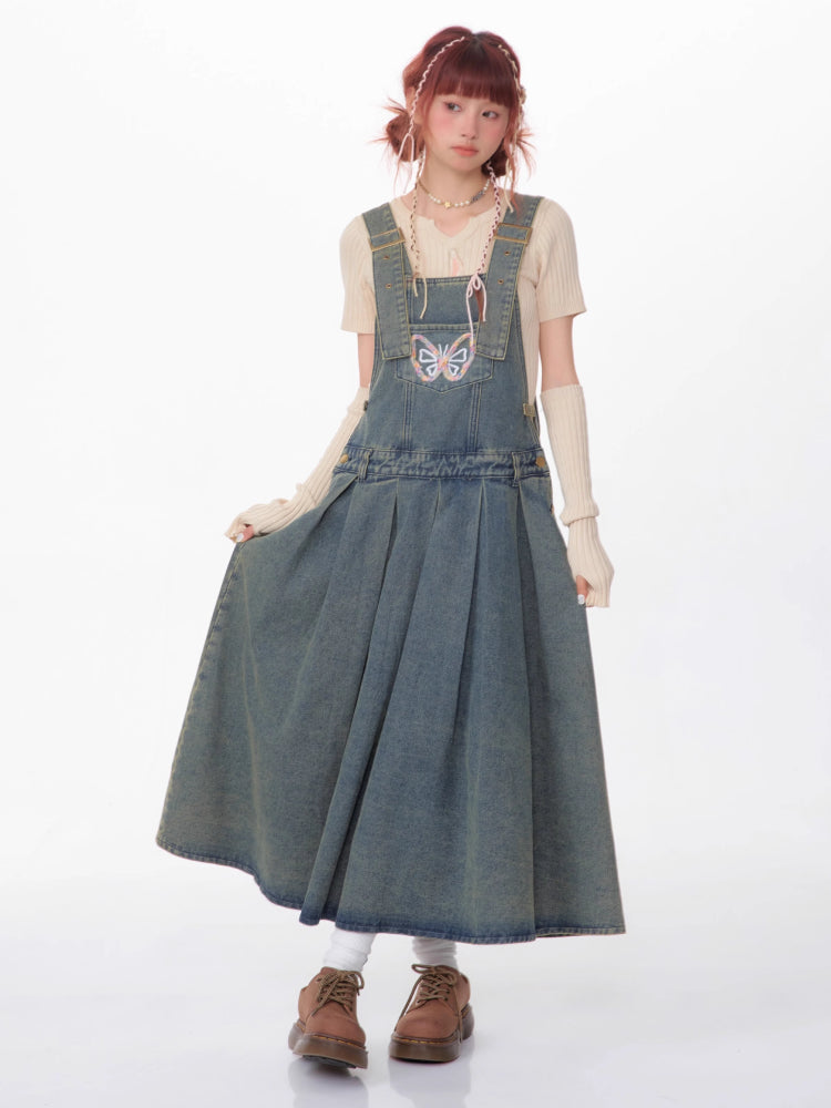 Denim suspender skirt