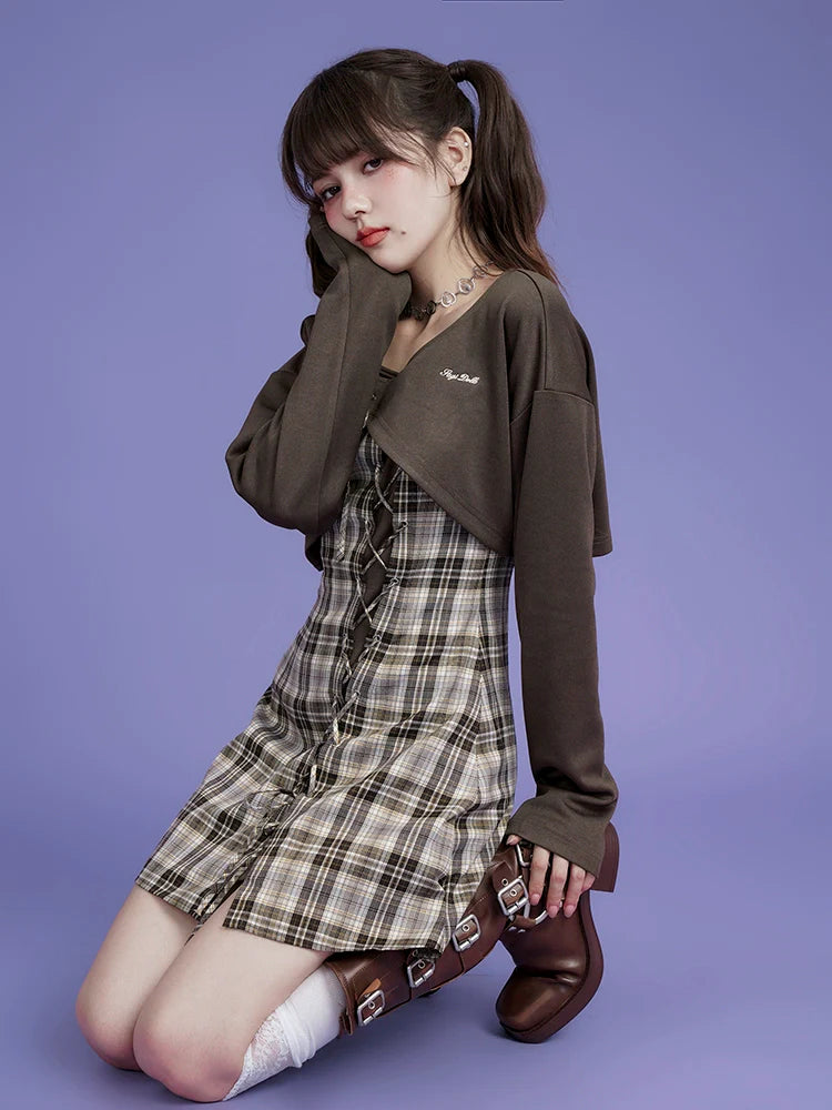 Brown checkered cardigan two-piece set