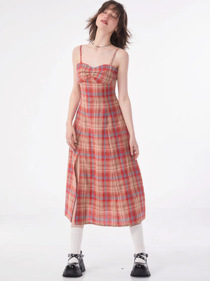 Retro plaid suspender dress