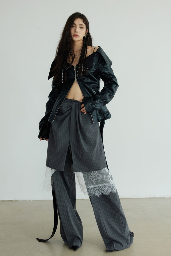 Gray Striped Sculptural Three-Piece Skirt Trousers