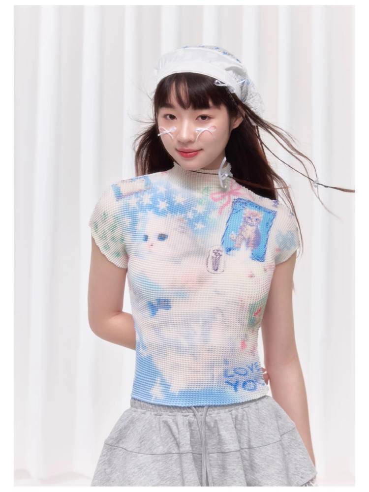 Printed pleated t-shirt