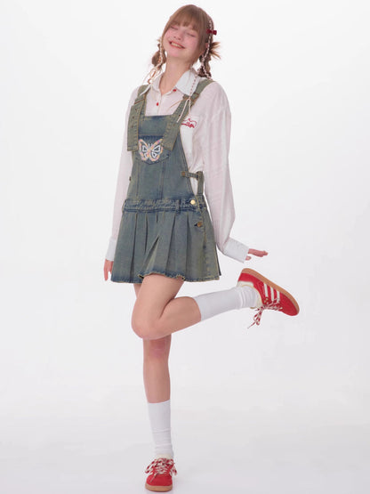 Denim suspender skirt