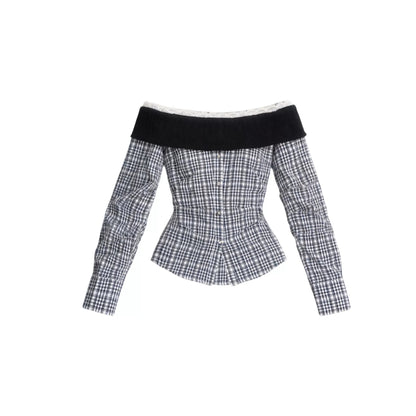 Plaid Off-Shoulder Slim Fit Shirt