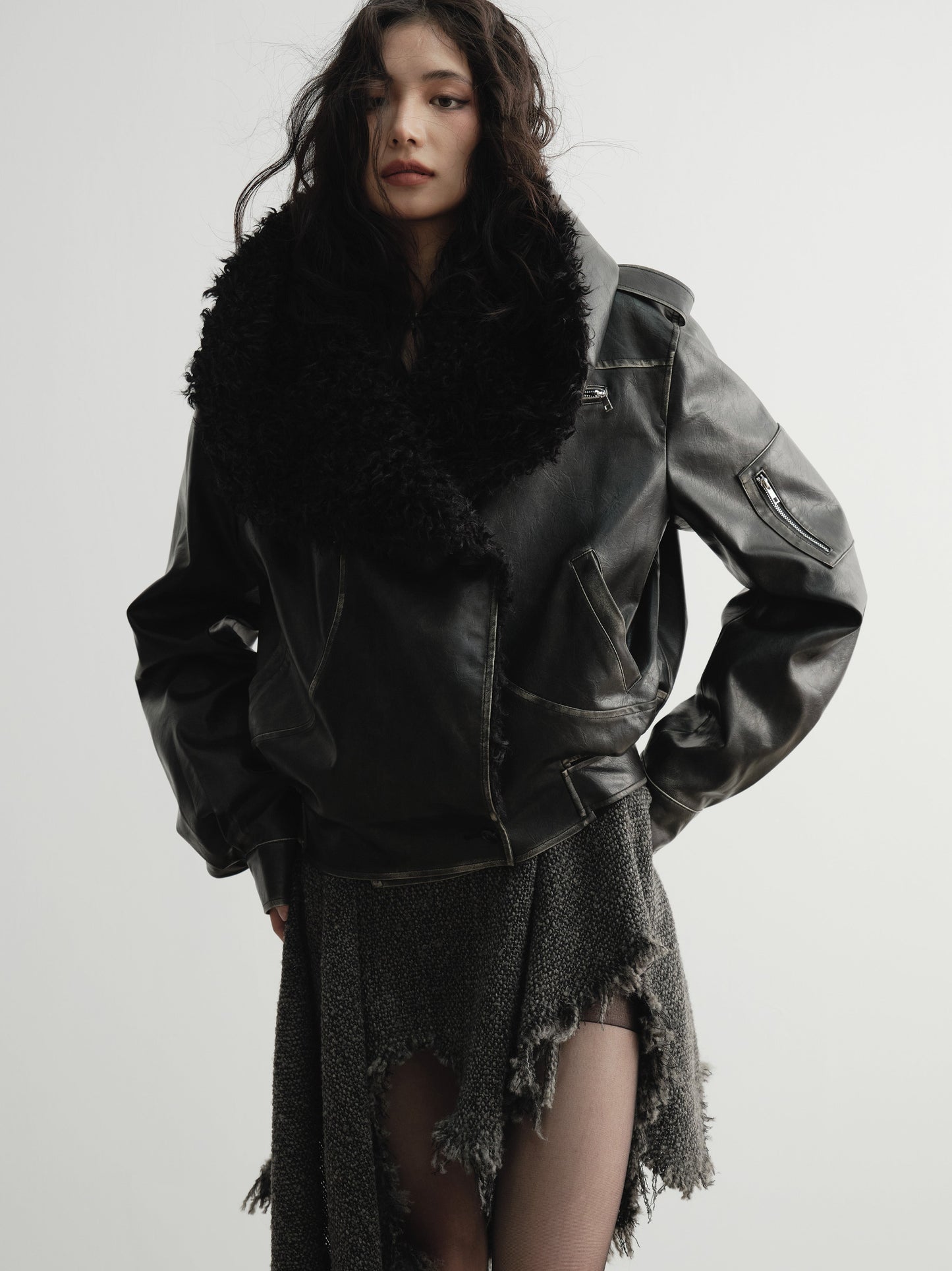 big fur collar PU leather jacket