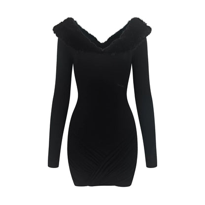 Furry V-Neck Slim Dress