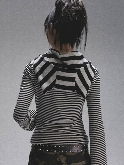 Striped print long sleeve hooded T-shirt