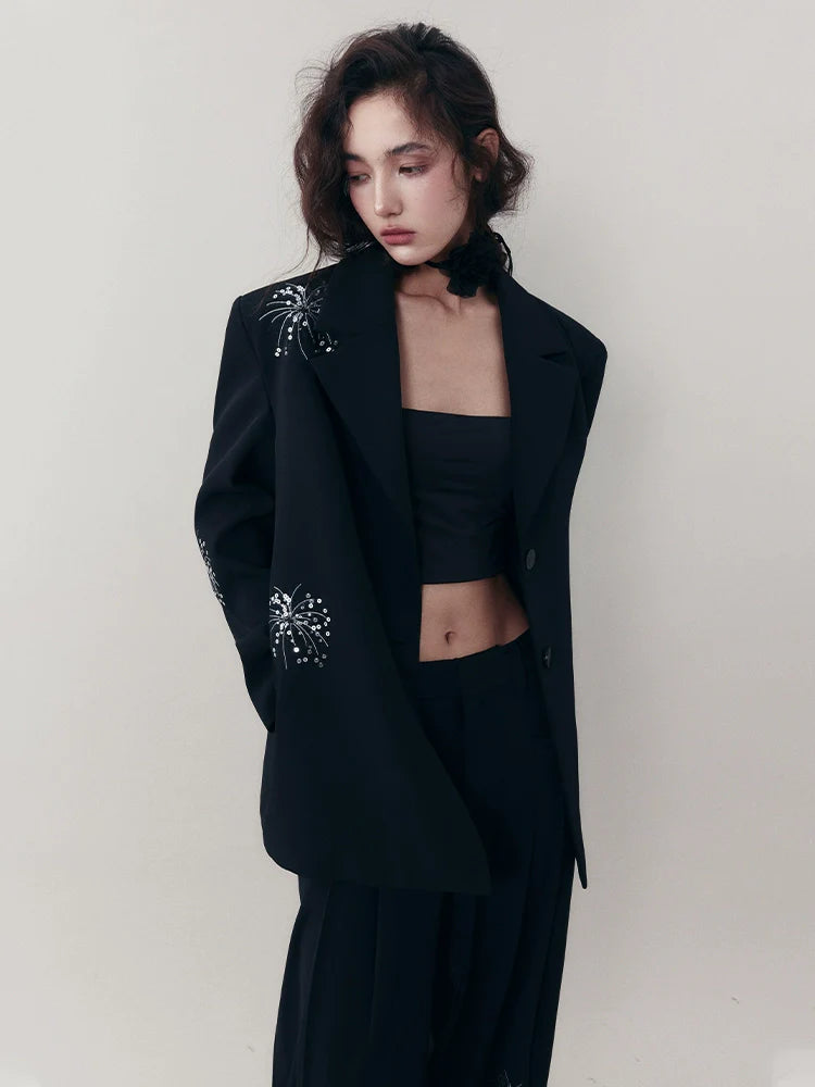 Embroidered Casual Jacket + Casual Wide Leg Pants