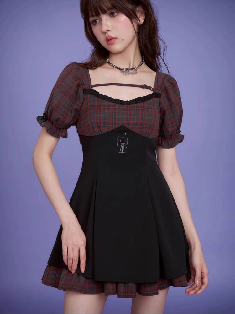 Plaid puff sleeve backless dress