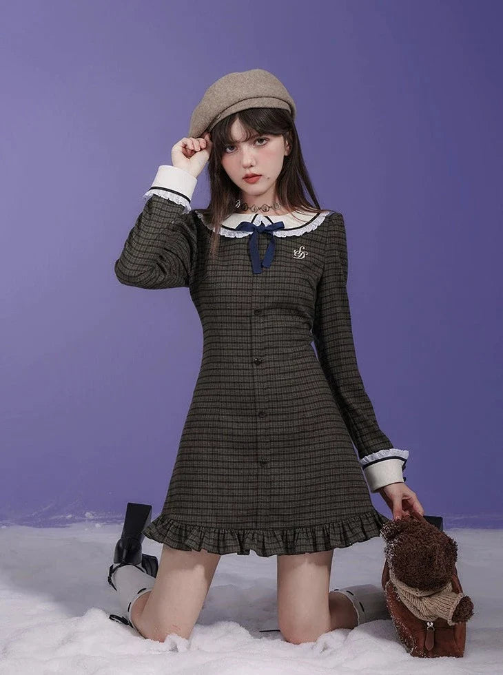 Checkered Doll Collar Long Sleeve Dress